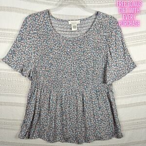 Urban Romantics Blue Gray Floral Stretch Bodice Peplum Top L NEW
